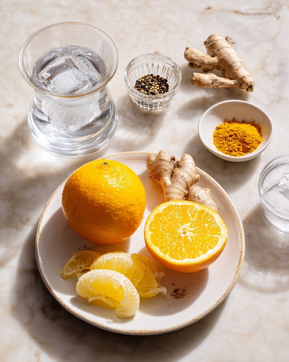 A white plate holding a peeled bright orange navel or Valencia orange piece sits near a pale yellow lemon peel piece, accompanied by a small clear glass bowl holding a pale yellow ginger root and a bright orange turmeric root, while to the right of the plate is a small white bowl with black pepper inside and a small clear bowl of coconut oil, above them is a clear glass bowl filled with ice cubes, and below the plate is a clear glass carafe with water, all placed on a white marbled surface photo taken with an iphone --ar 4:5 --v 7