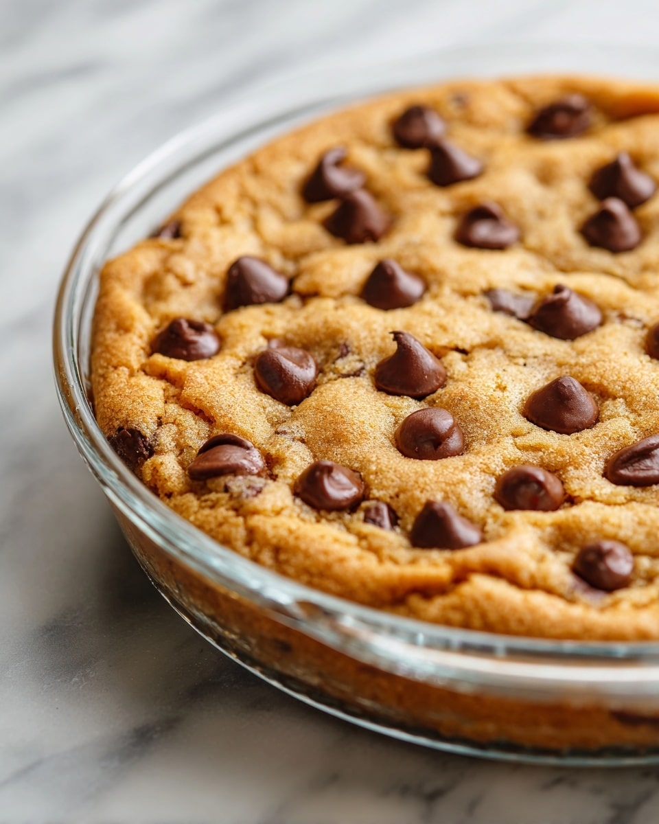 The image shows a close-up of a thick, golden-brown baked chocolate chip cookie in a clear glass baking dish. The cookie has a slightly uneven surface with small cracks and folds, giving it a soft and chewy look. Scattered evenly on top are smooth, dark brown chocolate chips that stand out against the lighter cookie dough. The edges are more browned and look crisp compared to the softer middle. The dish is resting on a white marbled texture surface. Photo taken with an iphone --ar 4:5 --v 7