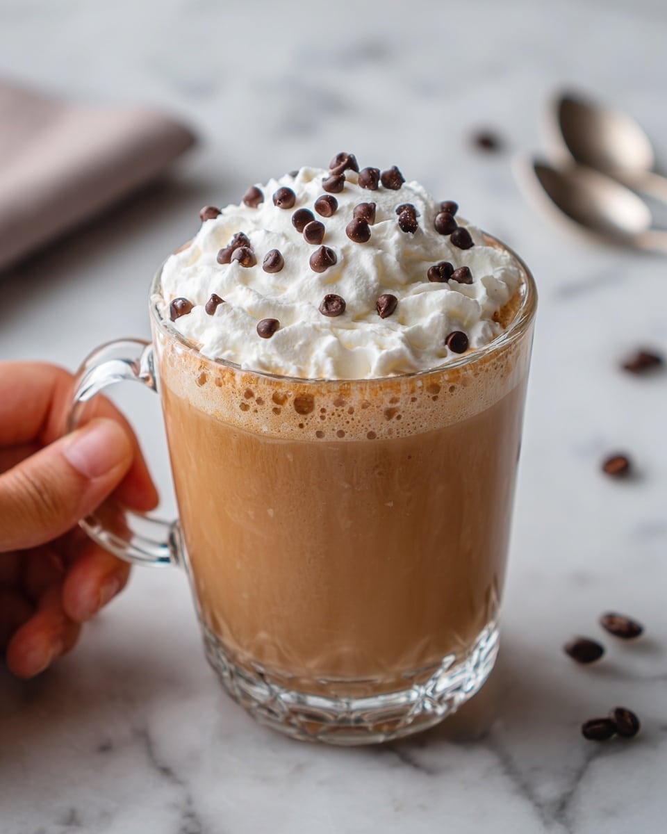 A clear glass mug filled with a smooth light brown coffee, topped with a layer of fluffy white cream dollops spread over the surface. Small dark brown chocolate chips are sprinkled evenly on top of the cream, adding texture and contrast. The mug has a handle and is held by a woman's hand from the left side. The background is a white marbled texture with scattered coffee beans and a blurred silver spoon. Photo taken with an iphone --ar 4:5 --v 7