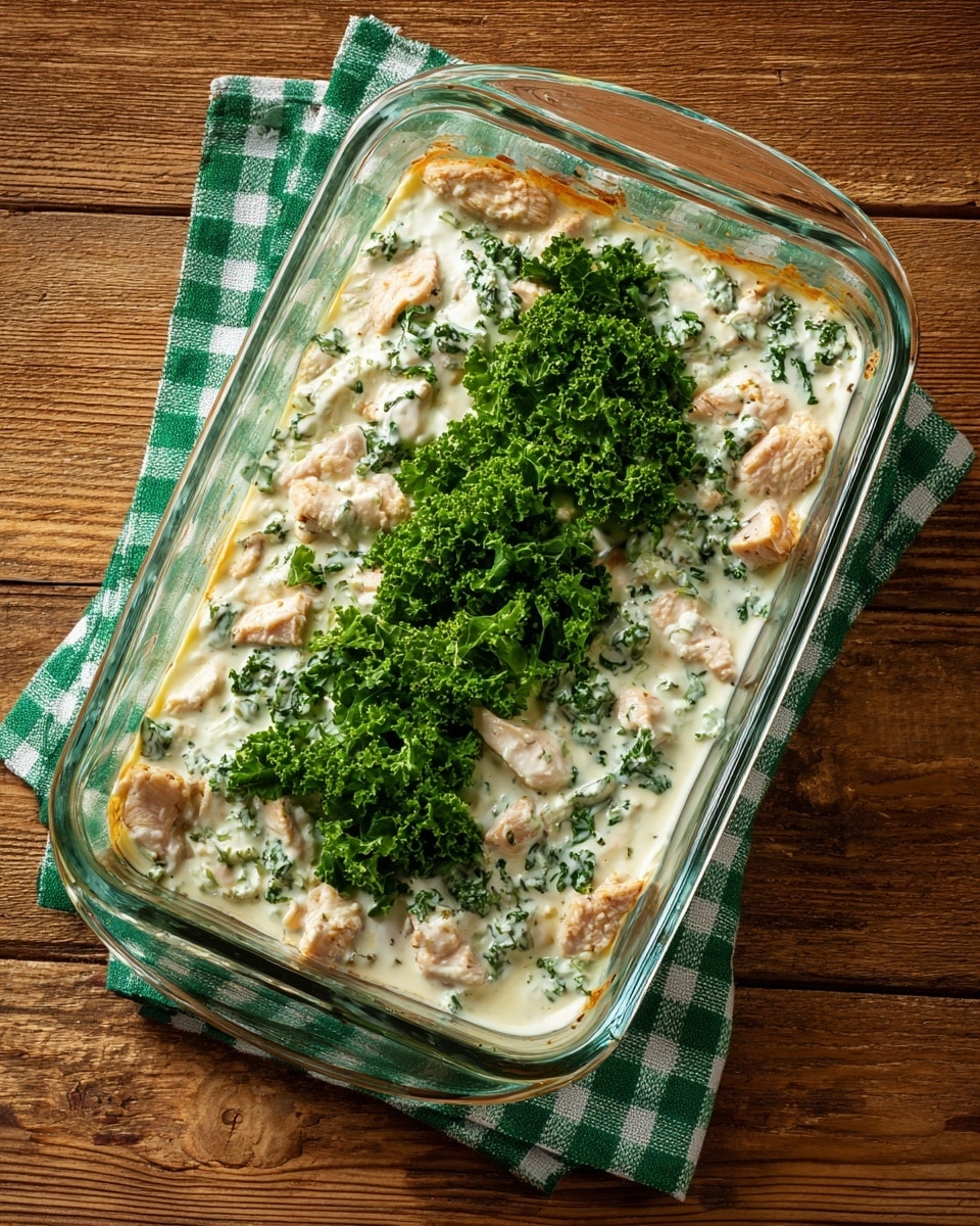 The image shows a clear rectangular glass baking dish with three layers: the first layer is chopped cooked chicken pieces with a pale beige color spread evenly across the bottom, the middle layer is cooked green kale placed in the center over the chicken, and the top layer is a creamy white sauce textured with small specks, mostly covering the kale but leaving some chicken visible around the edges. The dish is placed on a green and white checkered cloth on a wooden surface. photo taken with an iphone --ar 4:5 --v 7
