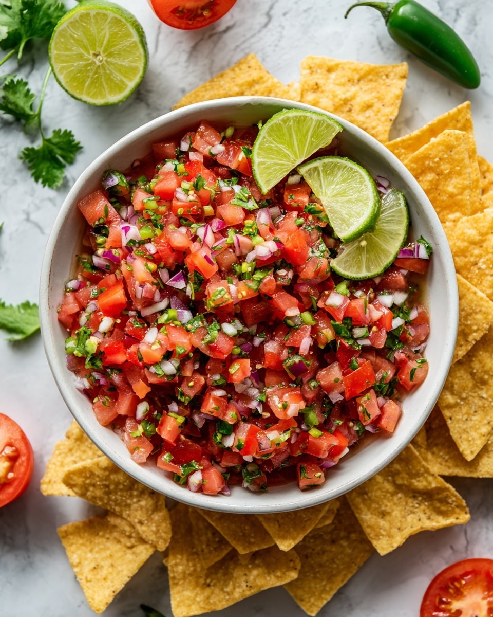 A white bowl filled with fresh salsa made of finely chopped red tomatoes, small pieces of green cilantro, diced red onions, and thin slices of green jalapeños. On top are several wedges of bright green lime petals scattered evenly. The bowl sits on a white marbled surface and is surrounded by light yellow tortilla chips arranged in a loose circle. Around the bowl are a few whole green jalapeños, a lime half, a halved tomato, and some fresh cilantro leaves, adding more color and natural texture to the scene. Photo taken with an iphone --ar 4:5 --v 7