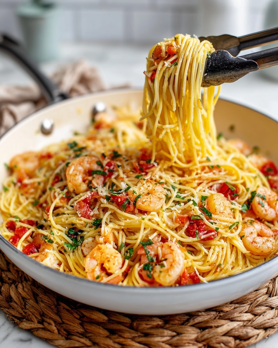 A white pan filled with a layer of light yellow spaghetti, mixed with medium pink shrimp scattered evenly on top, followed by small bits of bright red tomatoes and green herbs sprinkled throughout. The spaghetti strands appear slightly oily and shiny, twisted around black tongs that are lifting some spaghetti in the upper right. The pan is placed on a woven mat, set against a white marbled surface and blurred white tile background. photo taken with an iphone --ar 4:5 --v 7