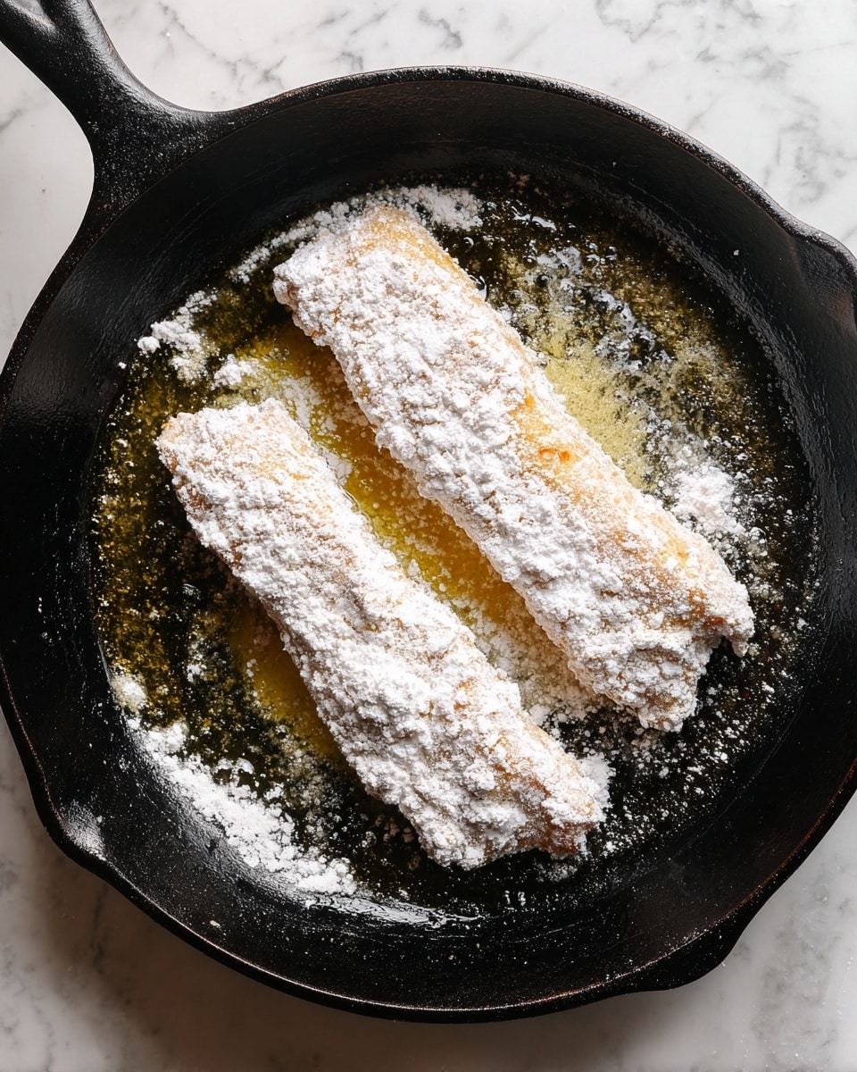 The image shows two long, thin pieces of raw chicken coated in a thick layer of flour batter, frying in a black cast iron skillet with melted butter spreading around them. The chicken has a rough, powdery white coating with hints of golden edges where the batter starts to cook. The skillet's surface is textured and shiny from the melted butter, and the whole pan sits on a white marbled surface. Photo taken with an iphone --ar 4:5 --v 7