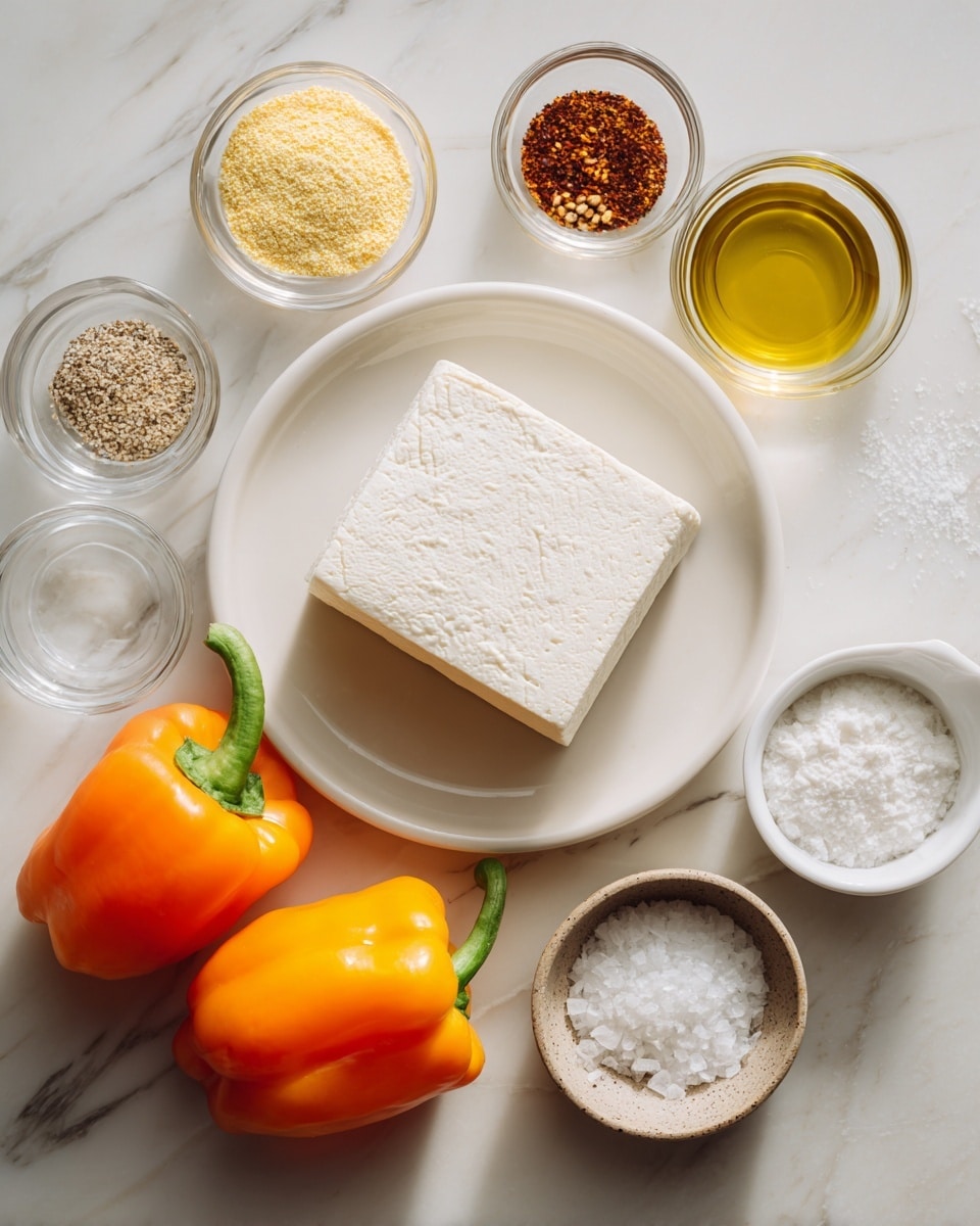 The image shows a white round plate with a block of firm tofu placed on it. Surrounding the plate on the white marbled surface are different small glass bowls and ingredients: a bowl with yellow nutritional yeast flakes, a bowl with fine white salt, a bowl with light golden olive oil, a bowl with granulated white sugar, and a small white bowl containing mixed reddish-brown spices. Next to these bowls, a cluster of mini bell peppers in bright orange and yellow colors are arranged. The scene is arranged neatly with natural lighting. Photo taken with an iphone --ar 4:5 --v 7