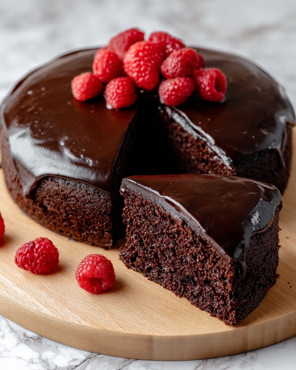 A round chocolate cake with a thick, shiny dark brown chocolate glaze covering the top and sides sits on a light wooden board. One large slice is removed and placed nearby, showing the moist, dark brown cake inside with a spongy texture. The slice has the same chocolate glaze on top. Several fresh red raspberries are placed in a small pile on top of the cake near the missing slice, with a few more scattered around the board. The board is on a surface with a white marbled texture. Photo taken with an iphone --ar 4:5 --v 7