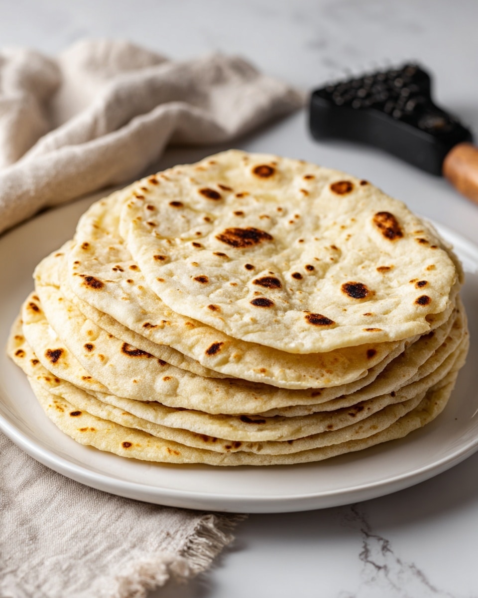 A stack of seven lightly toasted flatbreads lays on a white plate, each flatbread showing small brown spots and textured surfaces from cooking, with the top one folded over slightly to show its soft interior. The plate sits on a white marbled surface next to a folded beige linen cloth and a black flatbread press handle visible in the background. The overall scene is bright and clean. photo taken with an iphone --ar 4:5 --v 7