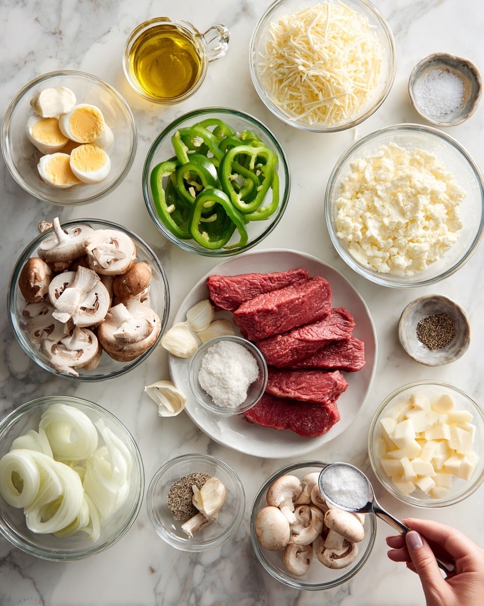 A top-down view of various cooking ingredients arranged neatly on a white marbled surface, each placed in clear glass bowls or dishes. In the center is a plate with raw red steak slices, surrounded by smaller bowls containing light yellow eggs, grated white mozzarella, shredded parmesan, creamy white cream cheese, and broth with a pale yellow tint. Other bowls hold green bell peppers slices, white onions, thinly sliced mushrooms with light brown caps, and sprinkled garlic and onion powders. A small glass container of golden oil and another filled with salt and black pepper complete the setup. The woman's hand is visible holding a small spoon near the salt. photo taken with an iphone --ar 4:5 --v 7