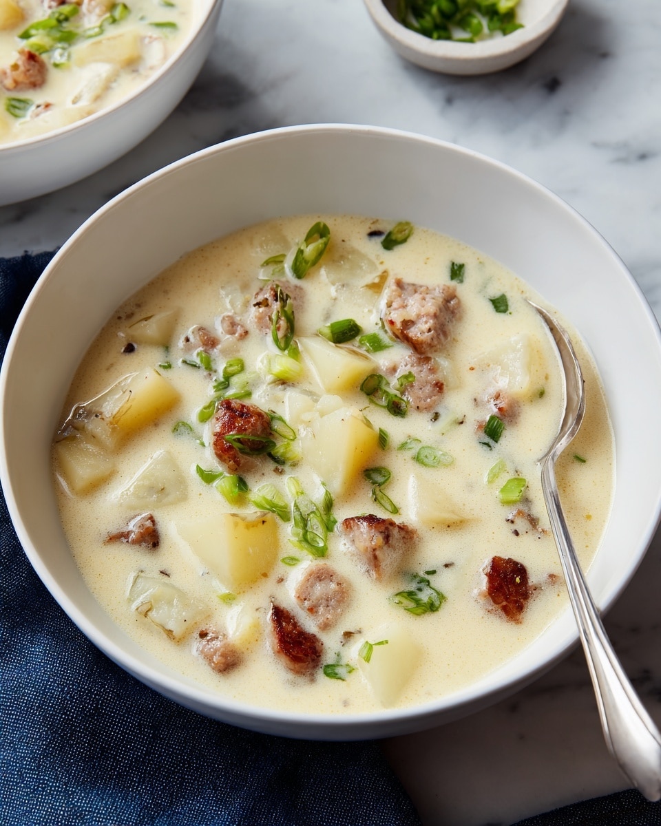 A shallow white bowl filled with creamy white potato soup, featuring chunky pieces of soft, pale yellow potato and small slices of brown sausage, scattered throughout the thick soup. Bright green chopped scallions are sprinkled over the top for color. A silver spoon rests inside the soup near the edge of the bowl. The bowl sits on a white marbled surface with a dark blue cloth nearby, and a partially visible white bowl holding more soup is in the background. photo taken with an iphone --ar 4:5 --v 7