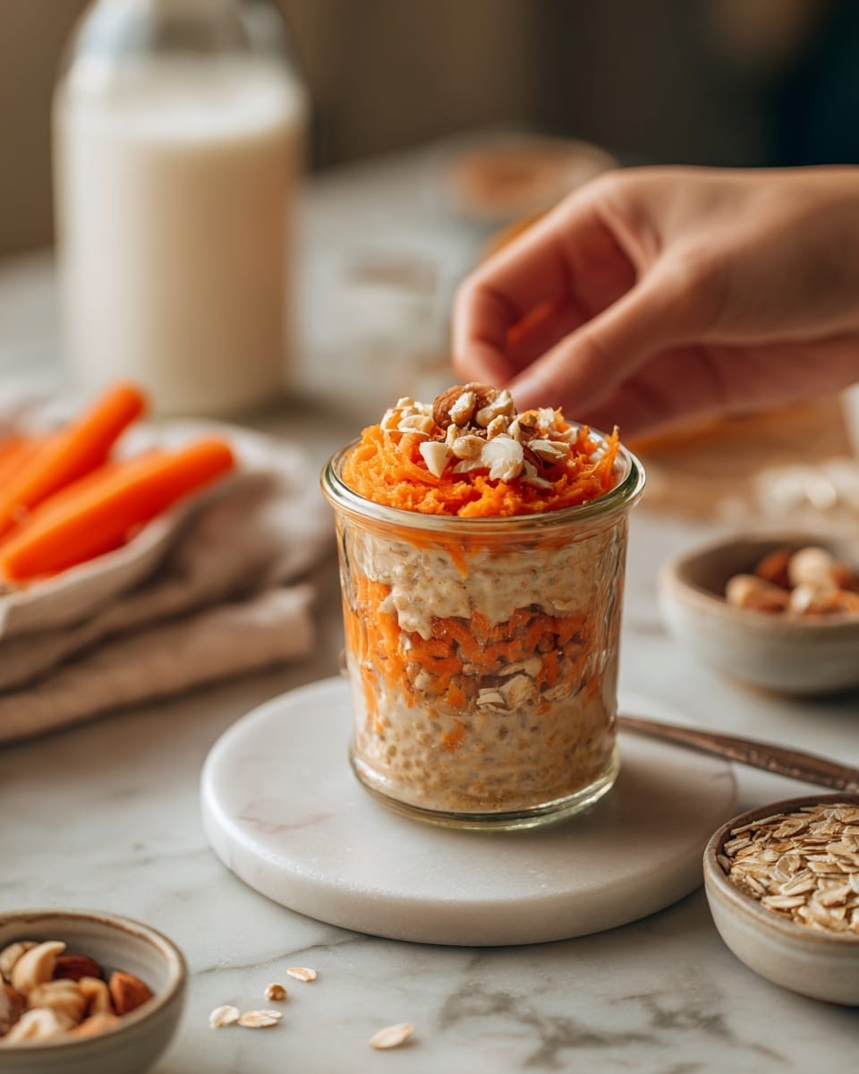 A small clear glass jar filled with three visible layers: the bottom layer is creamy oatmeal with oats and small orange carrot pieces mixed throughout, the middle layer shows more oats and grated carrot blended into the creamy mixture, and the top layer is a mound of grated bright orange carrot with a sprinkling of light brown crushed nuts on top. The jar is placed on a round white marble surface, surrounded by small bowls of oats and sliced carrots, with a bottle of milk blurred in the background. A woman's hand is reaching towards the jar from the left side. photo taken with an iphone --ar 4:5 --v 7