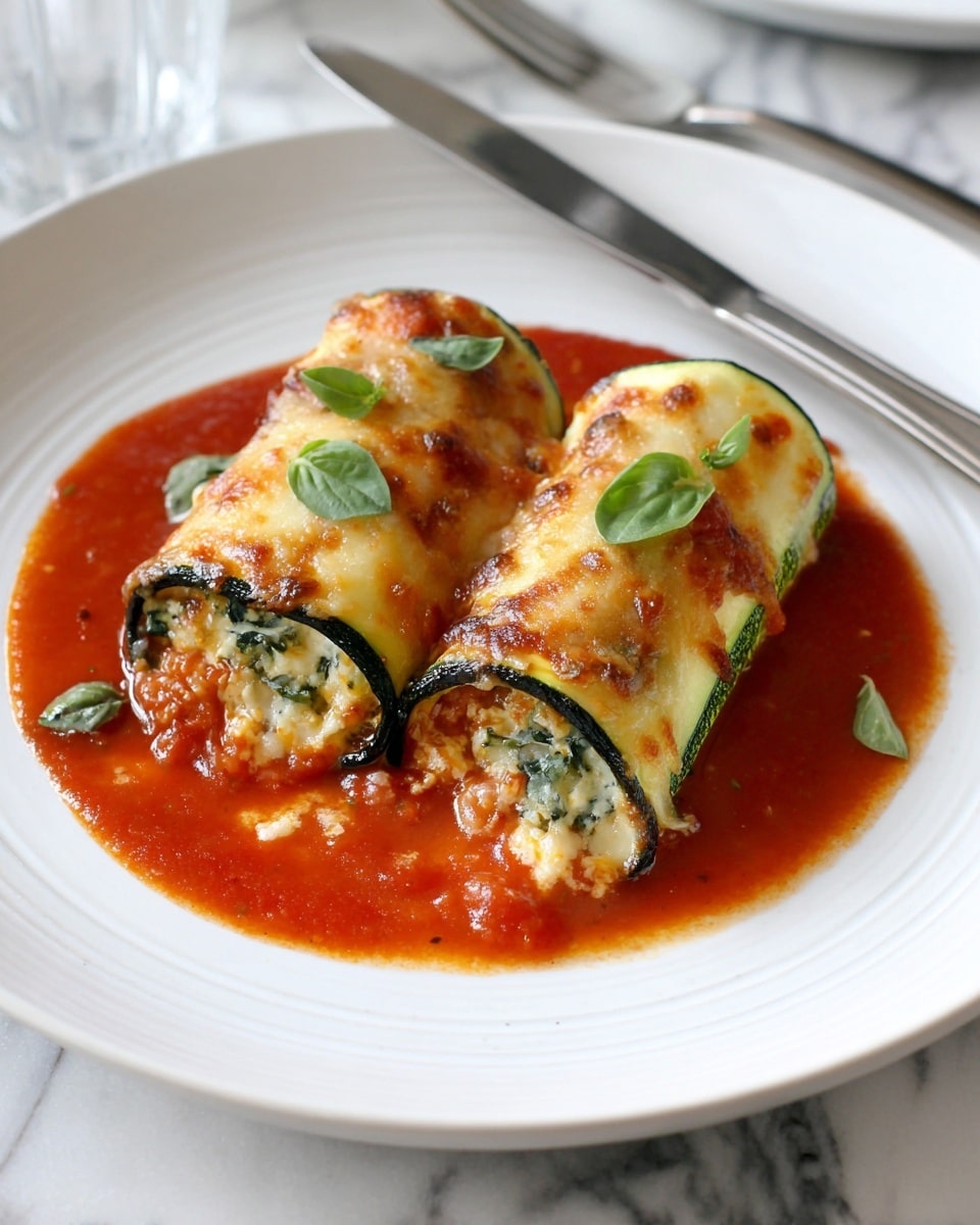 Two rolled zucchini slices stuffed with a soft rice mixture, topped with melted light golden cheese and small green basil leaves, sitting side by side on a white plate. Rich, red tomato sauce surrounds the base of both rolls, providing a bright contrast to the dark outer edge of the zucchini. A silver fork rests near the top right edge of the plate. The background is a white marbled texture with a glimpse of a fork and another white plate slightly blurred in the top right corner. Photo taken with an iphone --ar 4:5 --v 7