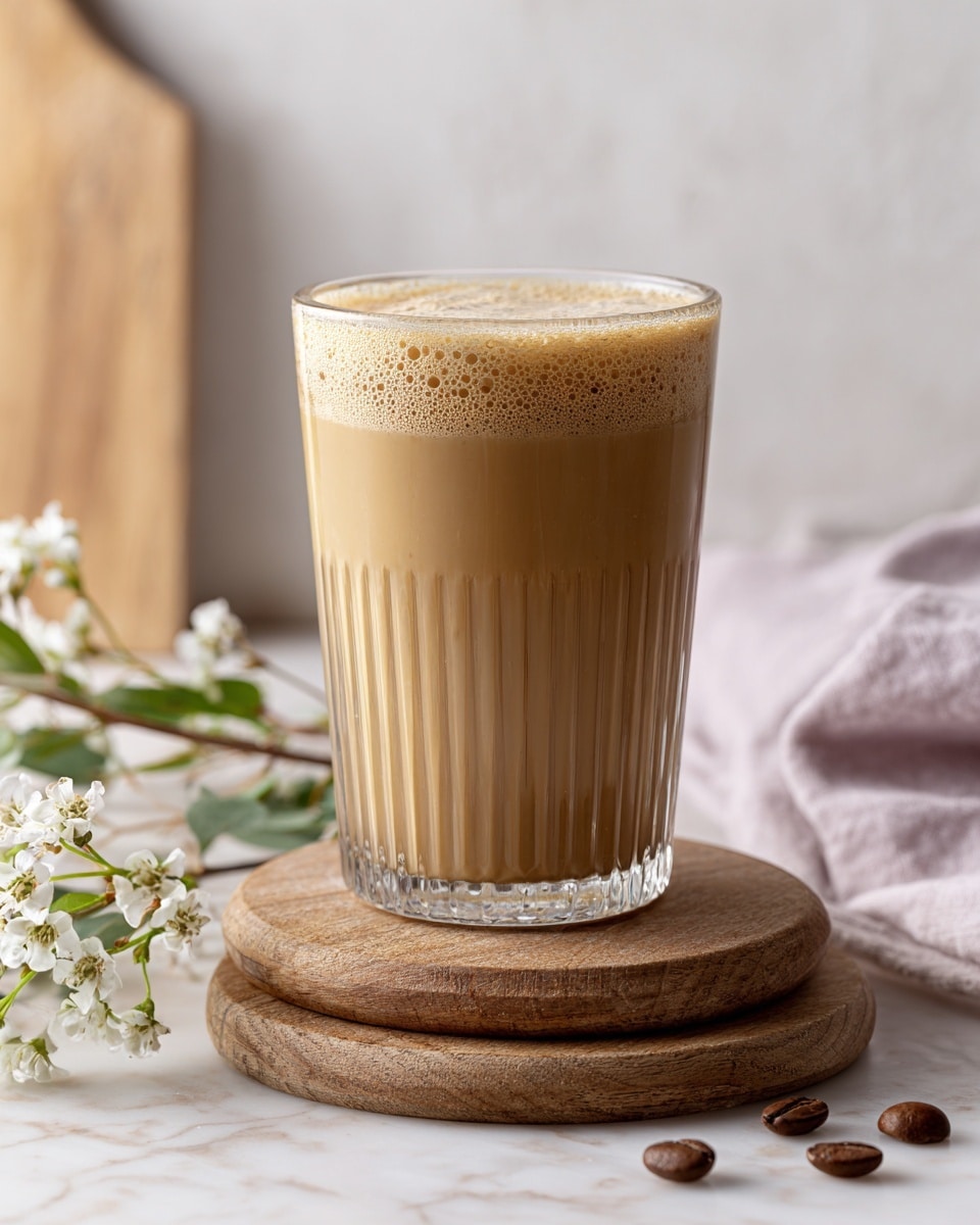 A clear glass filled with a creamy light brown drink, showing a smooth texture with tiny bubbles on top. The glass has vertical ridges and sits on two round wooden coasters stacked on each other. There are some coffee beans scattered next to the glass on a white marbled surface. In the background, there is a soft focus of a light wooden cutting board and a faintly visible light purple cloth. A small branch with white flowers and green leaves is placed in the lower left corner of the image. photo taken with an iphone --ar 4:5 --v 7