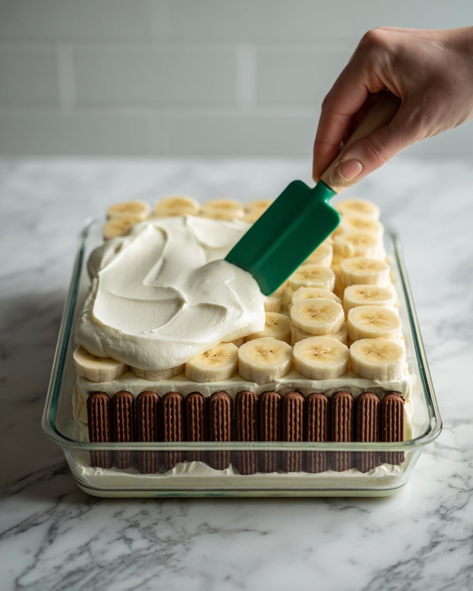 The image shows a layered dessert being assembled. At the bottom is a layer of rectangular chocolate wafer cookies with cream filling, laid side by side on a clear glass tray. On top of this is an even layer of sliced bananas, light yellow with a soft texture. Above the bananas, a thick, smooth white cream layer is being spread evenly using a green spatula held by a woman's hand visible on the right side. The glass tray rests on a white marbled surface, and the background is softly blurred. Photo taken with an iphone --ar 4:5 --v 7