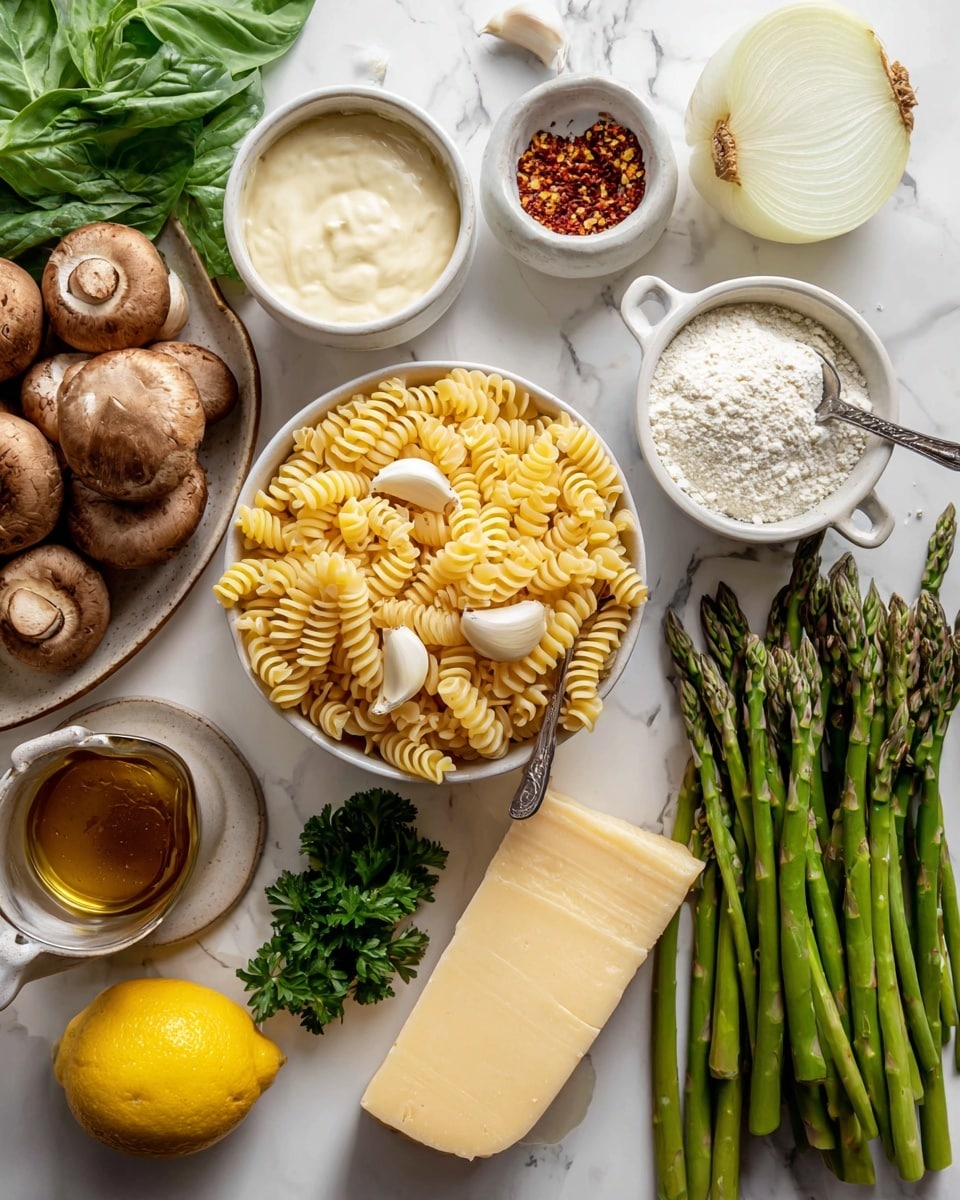 The image shows an overhead view of raw ingredients arranged neatly on a white marbled surface. In the center, there is a white bowl filled with dry twisted pasta spirals, topped with several garlic cloves and a small metal spoon holding red pepper flakes. Surrounding the bowl are fresh green asparagus spears on the right side, and a block of pale yellow cheese with a flat cut surface below. To the left of the cheese, there is a green bunch of fresh basil leaves. Above the basil, a small white bowl contains a creamy white sauce. Near the top left, a brownish plate holds several whole brown mushrooms. Above the mushrooms, a small ceramic bowl holds a piece of creamy butter. Next to the butter is half of a white onion with its layers visible. To the right of the onion, a metal measuring cup is filled with white flour. Below the flour is a glass mug containing a clear brown broth. Towards the lower center of the image, there is a half-cut lemon with its bright yellow flesh exposed. A sprig of fresh curly green parsley lies near the mushroom plate on the left. The surface and arrangement create a clean and fresh visual feel. Photo taken with an iphone --ar 4:5 --v 7