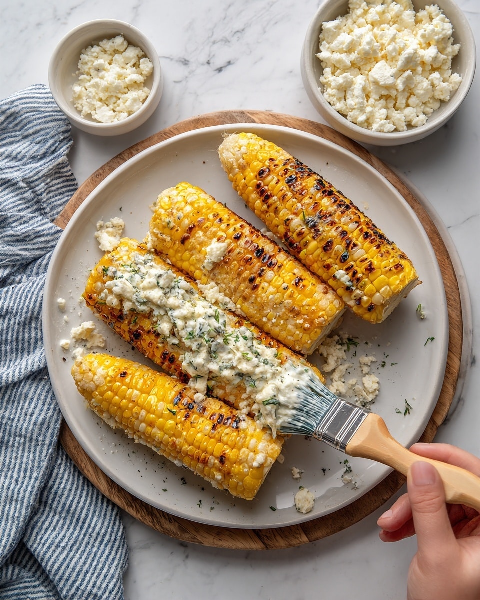 Four pieces of grilled corn on the cob sit on a white plate, arranged in a slightly scattered pile. The two corn pieces closest to the front are covered in a creamy sauce with visible green herbs mixed in, giving a textured look. The two pieces at the back show char marks and no sauce. A woman's hand holds a brush that is spreading the creamy sauce onto one of the plain corn pieces at the back. The plate rests on a round wooden board, all placed on a white marbled surface. Nearby, there is a white bowl holding white crumbly cheese and a striped blue and white kitchen towel. photo taken with an iphone --ar 4:5 --v 7