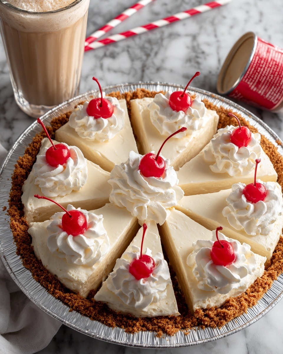 A round pie in a shiny silver foil tray sits on a white marbled surface, divided into 10 equal slices. The bottom layer is a golden brown crumbly crust. On top is a thick, smooth pale cream filling layer. Each slice has a small swirl of white whipped cream near the edge, with a bright red cherry with stem pressed into the center of the whipped cream. One slice in the middle has a whipped cream and cherry decoration too. To the left, a tall glass of light brown milkshake with white and red striped straw is partially visible, and to the right is a red and white can of whipped cream lying on the surface. photo taken with an iphone --ar 4:5 --v 7