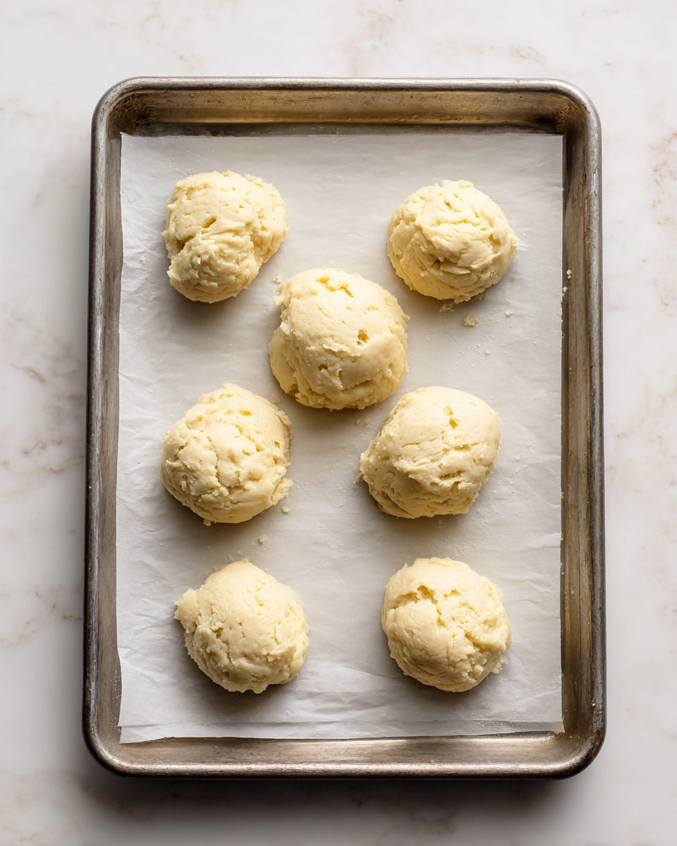 The image shows a metal baking tray lined with white parchment paper, holding six unevenly shaped dollops of pale yellow cookie dough spaced apart. Each dough portion has a soft and slightly rough texture with small air pockets, and they sit directly on the parchment. The tray is placed on a white marbled surface that is slightly visible at the bottom right corner. The overall lighting is bright and natural, highlighting the creamy color and texture of the dough. photo taken with an iphone --ar 4:5 --v 7