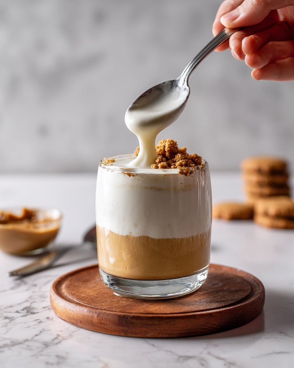 The image shows a clear glass with three smooth layers: the bottom two layers are thick and light brown, and the top layer is a white creamy foam with a few brown crumbles on one side. A silver spoon held by a woman's hand is dripping the white foam back into the glass. The glass sits on a round wooden coaster on a white marbled surface, with some cookies and a spoon with brown spread in the background. photo taken with an iphone --ar 4:5 --v 7
