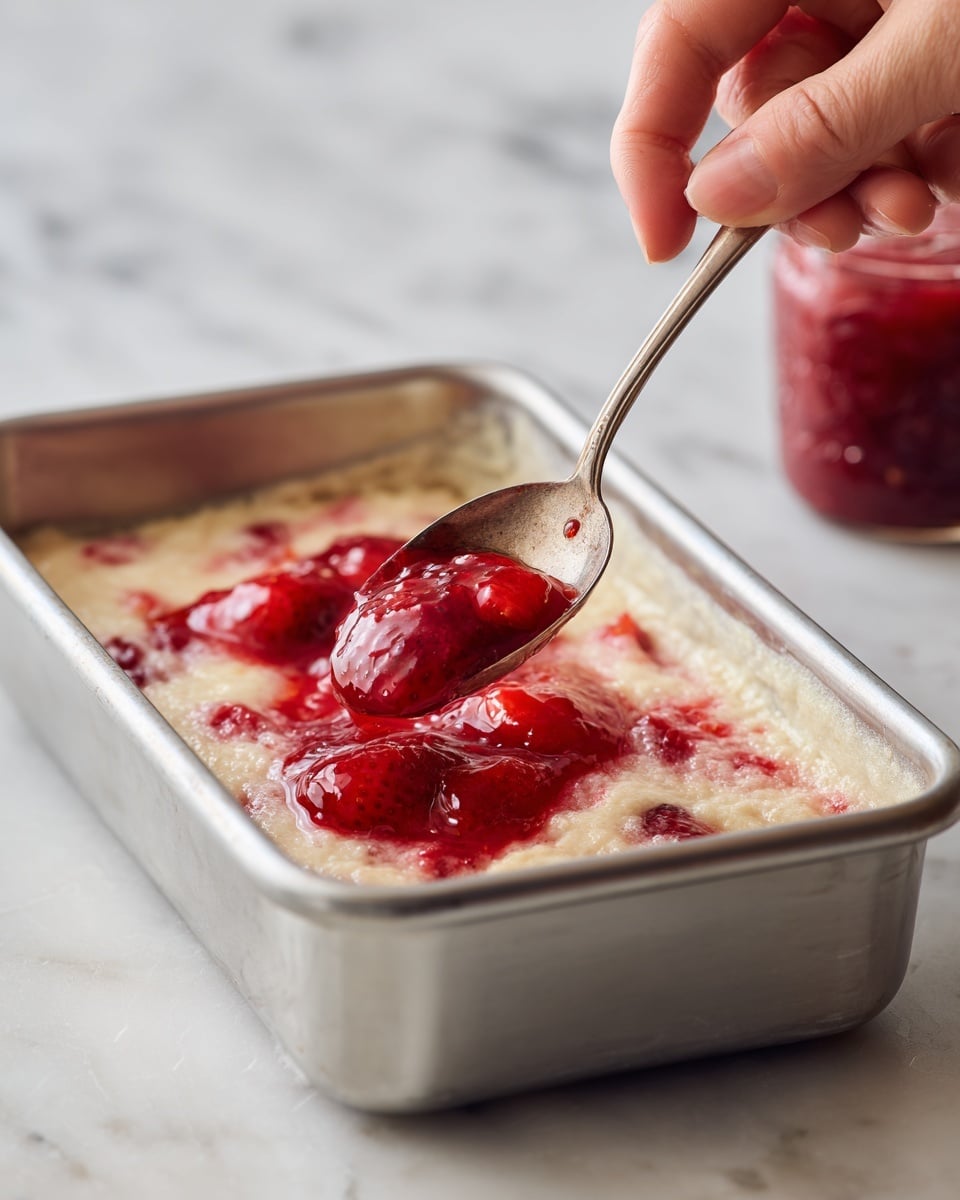 A close-up view of a small silver baking tray filled with light beige batter that has pieces of red strawberry mixed inside. On top of the batter, globs of glossy, bright red strawberry jam are being spread with a spoon held by a woman's hand. The background shows a white marbled texture with a blurred jar of jam in the back. The spoon is metallic and old-looking, adding texture contrast to the smooth jam and thick batter photo taken with an iphone --ar 4:5 --v 7
