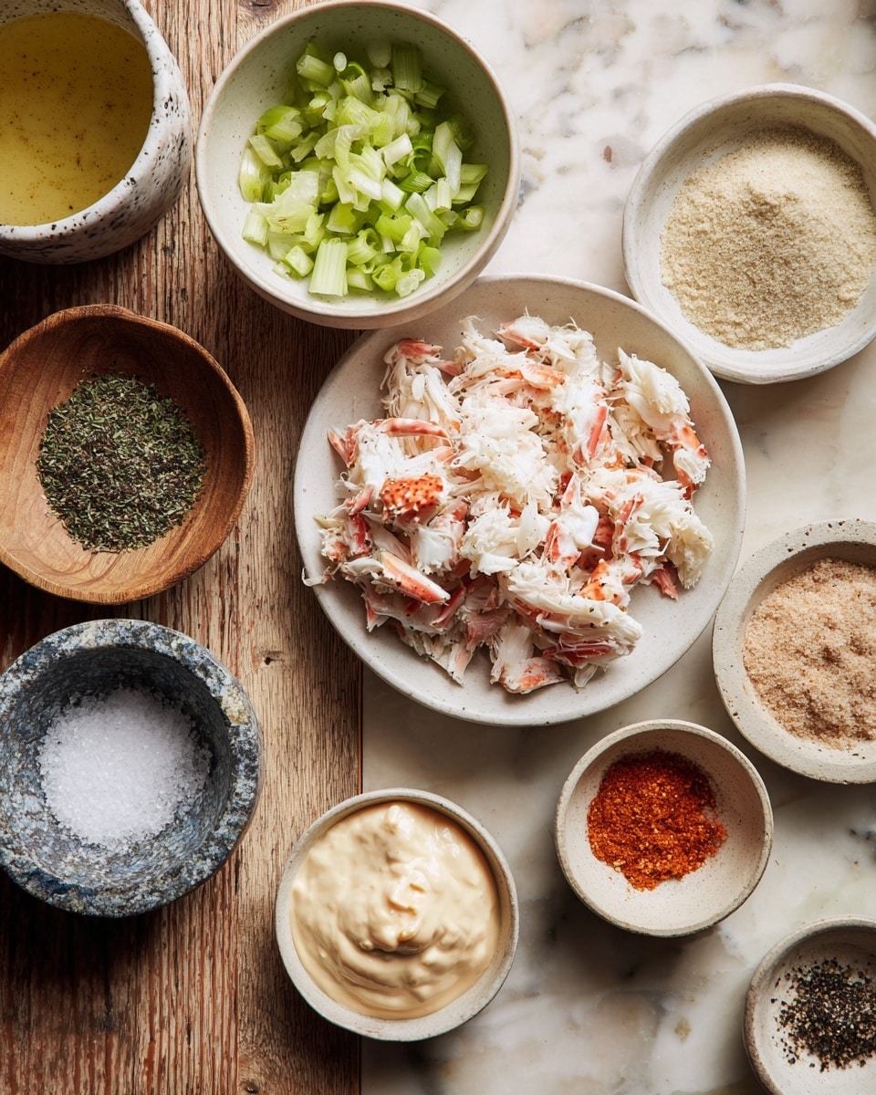 Several small white bowls are arranged on a wooden table with a rough texture. The largest white bowl in the center holds white and light pink pieces of crab meat. Above it, a small white bowl contains small chopped light green celery pieces. To the right of the celery bowl, a smaller white bowl has a light tan powder, and next to it on the right, another white bowl holds a reddish-orange spice. Below the spice, another white bowl has fine white salt crystals. Below the crab meat bowl, a white bowl contains thick, pale beige mayonnaise. To its left, a small gray-brown stone bowl is filled with ground black pepper. Above the mayonnaise is a wooden bowl with chopped green herbs. To the top left of the crab bowl, a tiny white bowl with dark blue speckles contains a light yellow liquid. The whole setup is on a white marbled surface. photo taken with an iphone --ar 4:5 --v 7
