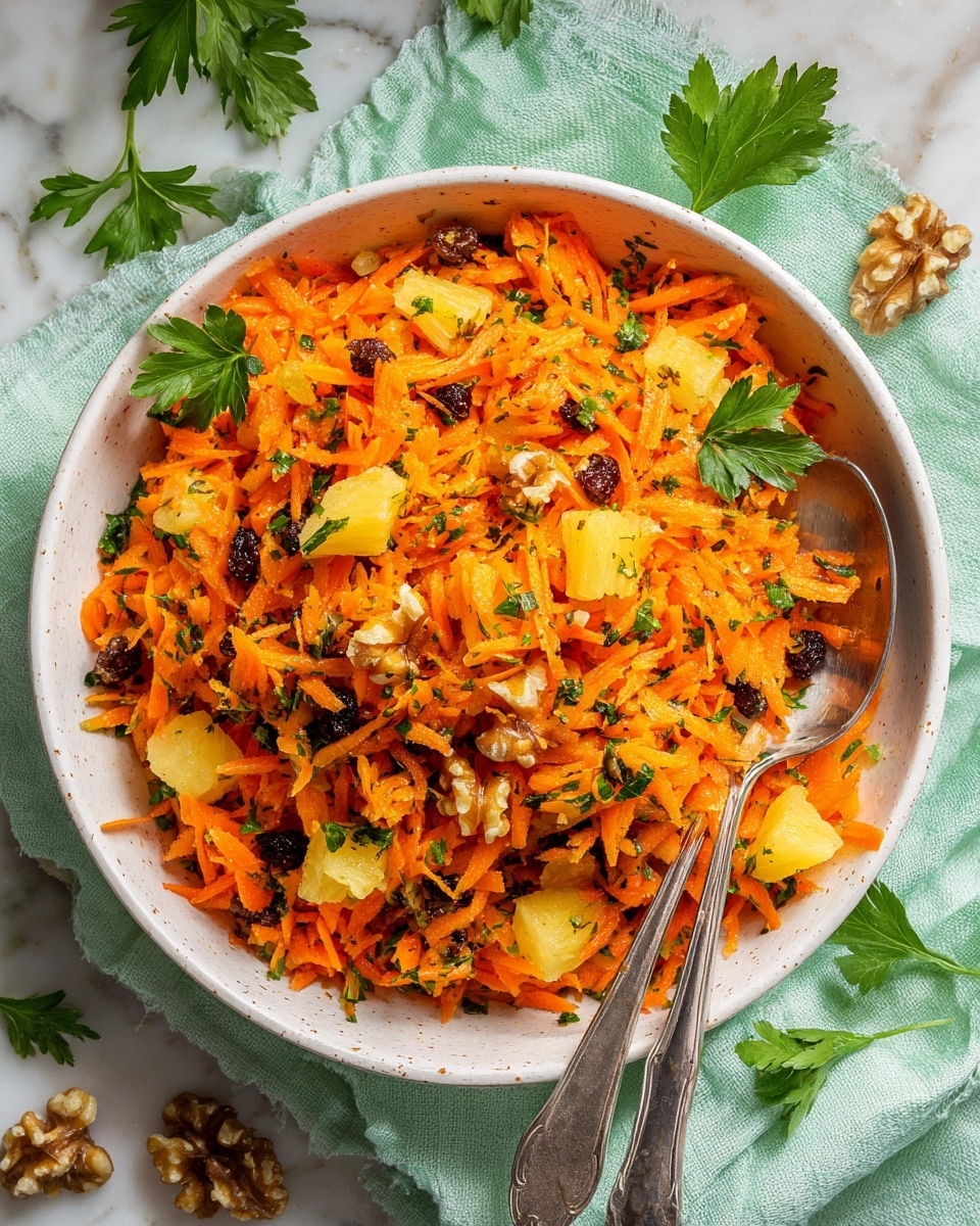 A white bowl filled with shredded bright orange carrots mixed with light yellow diced pineapple chunks, sprinkled dark raisins, and small pieces of brown walnuts. The mixture is lightly speckled with green herbs and black pepper. There are fresh green parsley leaves placed on top of the bowl. A silver spoon is resting inside the bowl on the right side. The bowl sits on a light green cloth with a white marbled surface underneath. A few parsley leaves and walnut pieces are scattered around the bowl. Photo taken with an iphone --ar 4:5 --v 7