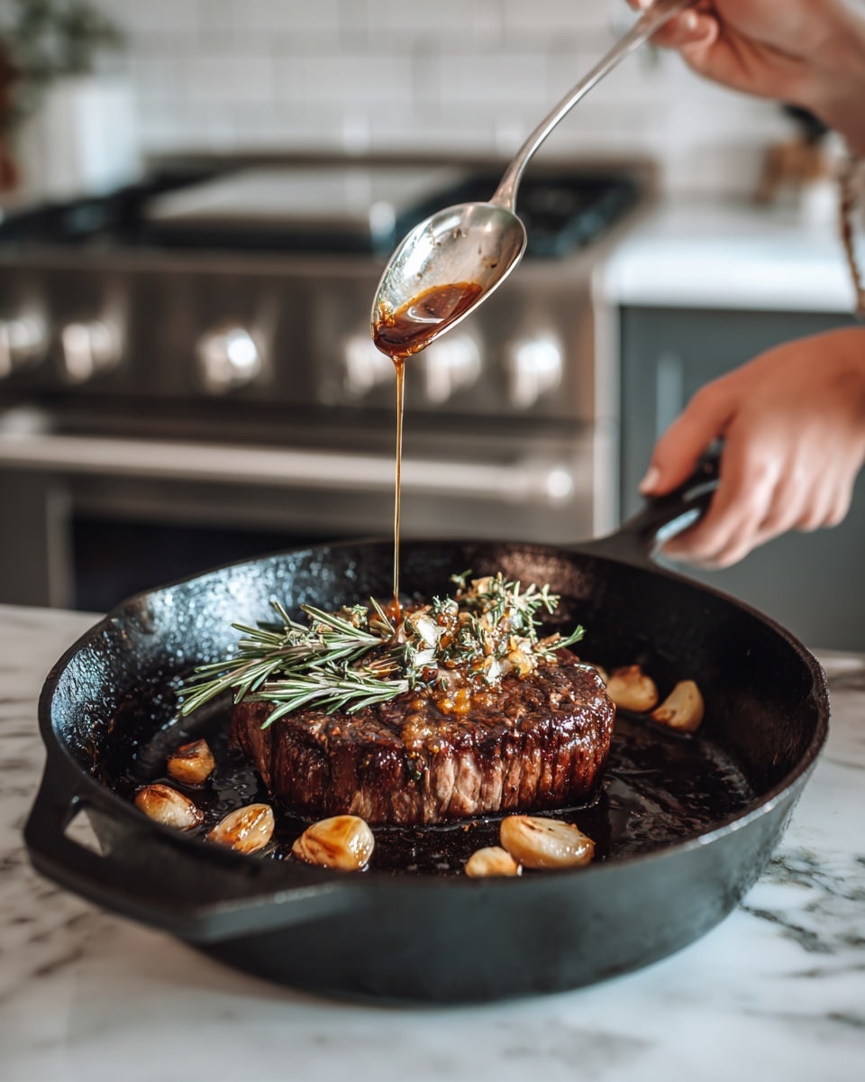 A thick dark brown steak with a few sprigs of bright green rosemary on top lies in a black cast iron pan, which also has several light golden garlic cloves scattered near one side. A woman's hand holds a silver spoon above the steak, dripping shiny brown liquid onto it, while another woman's hand grips the handle of the pan in the foreground. The pan is set on a black stovetop with a blurred silver oven and white tiled wall in the background, all on a white marbled surface. photo taken with an iphone --ar 4:5 --v 7