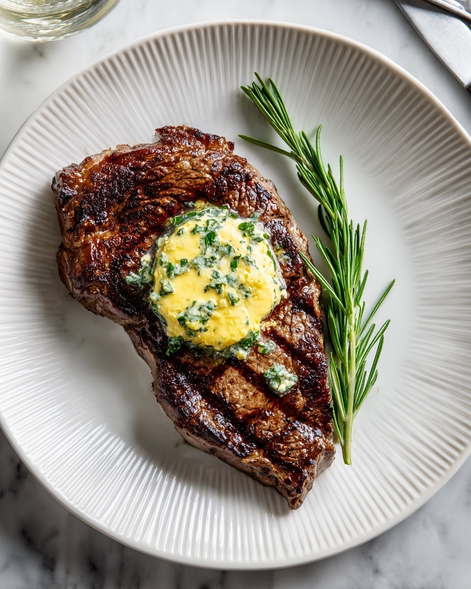 A single grilled steak with a browned and slightly crispy texture lays flat on a white plate with ridged edges. On top of the steak is a round dollop of yellow herb butter, speckled with green herbs, melting into the meat. A fresh green sprig of rosemary rests diagonally on the steak, adding a touch of color. The plate sits on a white marbled surface, and a small part of a glass of water is visible at the edge. Photo taken with an iphone --ar 4:5 --v 7