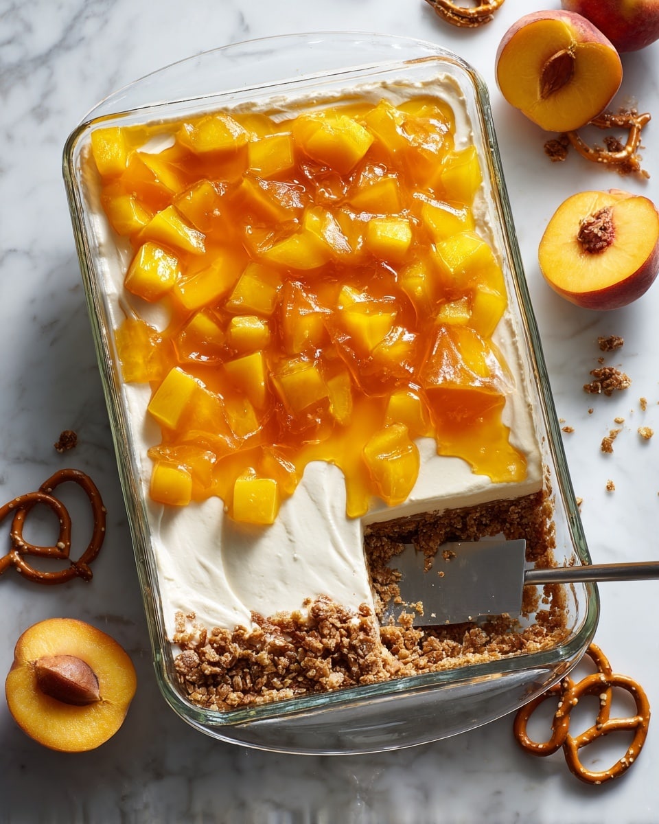 The dish is shown in a clear glass rectangular baking dish placed on a white marbled surface. It has three visible layers: the bottom layer is a crumbly brown crust made of crushed pretzels and crumbs, the middle layer is creamy and white, and the top layer is a bright orange gelatin filled with chunks of yellow and orange fruit, mainly peaches. A corner piece has been removed, revealing the three layers clearly, with a metal spatula resting inside the empty space. There are a few whole pretzels and peaches nearby on the white marbled surface. Photo taken with an iphone --ar 4:5 --v 7