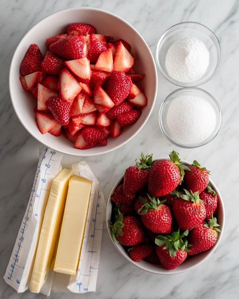 The image shows a white bowl filled with fresh whole strawberries with green leaves on the bottom right. Above it, there is another white bowl full of sliced strawberries with bright red and pink tones. To the right of the bowls, there is a small clear glass bowl with white powdered sugar. Next to it, two sticks of butter are wrapped in pale yellow paper with blue measuring lines. All items sit on a white marbled surface, creating a clean and fresh look. photo taken with an iphone --ar 4:5 --v 7