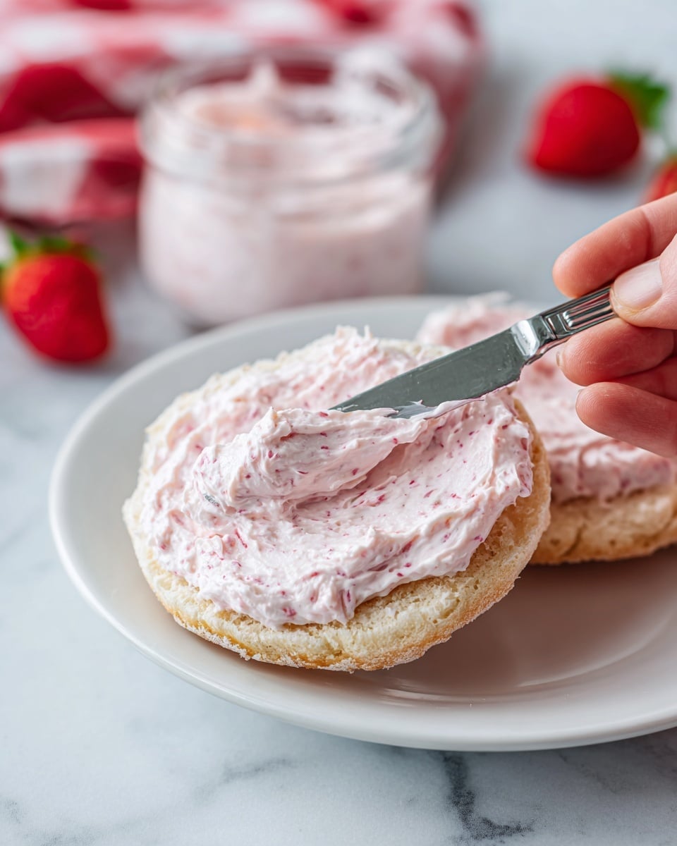 A close-up image shows a woman's hand holding half of an English muffin with a pale golden color and soft texture. The muffin half is spread with a thick layer of light pink creamy spread that has small red bits mixed in. A silver knife with spread on its blade is applying the spread smoothly. In the background, there is a white plate with the other half of the muffin and a glass jar filled with the same spread, all set on a white marbled surface with a red and white checkered cloth and some red strawberries partially visible. photo taken with an iphone --ar 4:5 --v 7