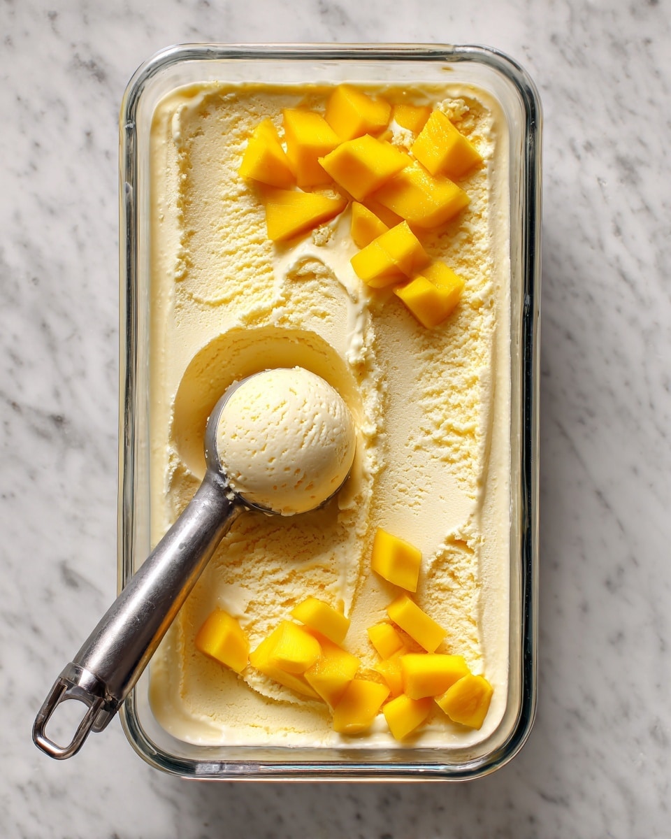 A rectangular glass dish filled with a creamy, pale yellow frozen dessert with a smooth but slightly textured surface. An ice cream scoop holds a round ball of the dessert positioned near the center, where a scoop has been taken out. There are two small piles of bright yellow mango cubes arranged diagonally on opposite corners of the dish. The dish rests on a white marbled surface. photo taken with an iphone --ar 4:5 --v 7