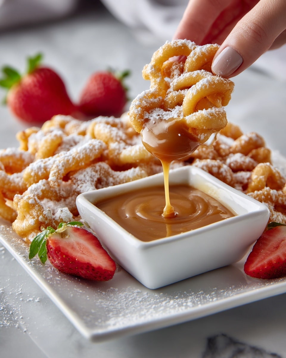 A white rectangular plate filled with golden brown twisted funnel cakes dusted with white powdered sugar is shown. A woman's hand is holding one funnel cake, dipping it into a small white square bowl of smooth, rich caramel sauce placed near the front center of the plate. In the background and around the plate are bright red strawberry halves with green tops, adding a fresh touch. The setting is on a white marbled surface. The image focuses closely on the funnel cake and caramel sauce with soft, natural lighting photo taken with an iphone --ar 4:5 --v 7