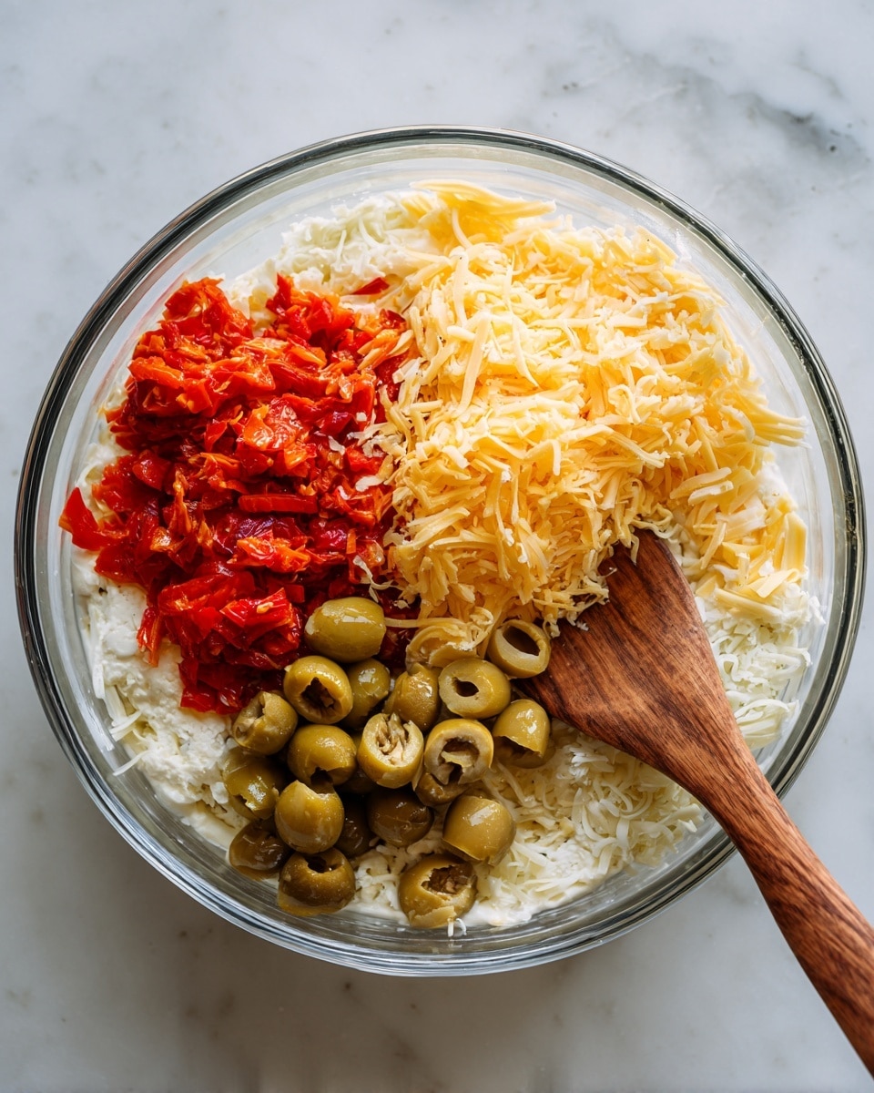 A clear glass bowl holds four layers of ingredients visible from the top view. The bottom layer is white and creamy, spread evenly on the edges. On top of this is a generous pile of shredded yellow cheese, clustered mainly at the center and bottom half. To the left side of the cheese is a smaller pile of finely chopped red roasted peppers with a glossy texture. The top middle to right side is filled with chopped green olives showing their soft, somewhat wet texture. A wooden spoon rests in the bowl, touching the white creamy layer and some cheese. The bowl sits on a white marbled surface. Photo taken with an iphone --ar 4:5 --v 7