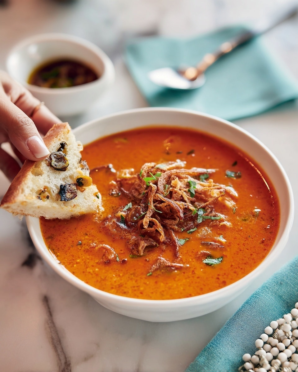 A close-up of a white bowl filled with thick, orange-red soup with visible small pieces of vegetables and meat mixed inside. The soup is topped with scattered crispy fried onion strips that add texture on the surface. A woman's hand holds a triangular piece of light-colored olive bread with black olive bits, dipping it into the soup from the left side of the image. In the blurred background, there is a small white bowl containing a dark sauce, a silver spoon on a light blue napkin, and a small strand of white beads on a white marbled surface. photo taken with an iphone --ar 4:5 --v 7