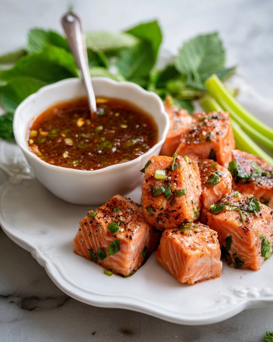 On a white scalloped plate with a white marbled background, there are several pieces of cooked salmon cubes, each piece showing a pink-orange color with black pepper specks and small green herb bits scattered on top, giving a grilled texture look. Below the plate, a white bowl shows a thick brown-red sauce with visible seeds and small green pieces floating in it, with a spoon partially inside the bowl. On the right side of the plate, there are a few green celery sticks and some fresh green leaves scattered around, adding a fresh touch. photo taken with an iphone --ar 4:5 --v 7