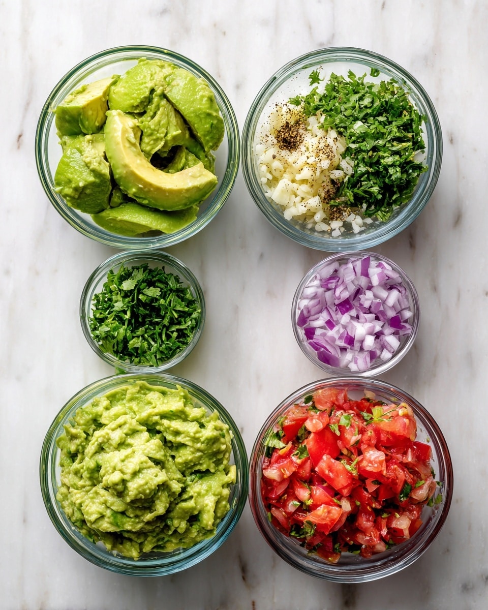 The image shows four stages of making guacamole in clear glass bowls, placed on a white marbled surface. In the first bowl, there are large pieces of bright green avocado with a smooth, slightly creamy texture. The second bowl adds minced garlic, chopped cilantro, and black pepper on top of the avocado. The third bowl shows the ingredients mixed into a smooth, green guacamole with some small chunks visible. In the fourth bowl, finely chopped purple onions and red tomatoes are added on top of the guacamole, creating a colorful contrast. Photo taken with an iphone --ar 4:5 --v 7