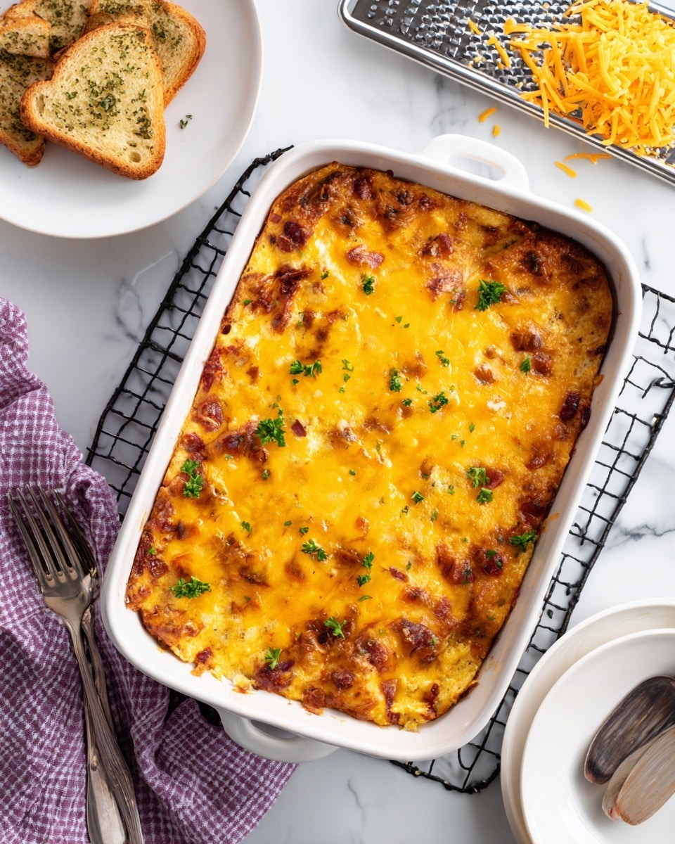 A golden baked casserole sits in a white rectangular dish on a black cooling rack over a white marbled surface. The casserole has a thick top layer of melted cheddar cheese with a slightly browned texture and small green parsley pieces sprinkled across it. The dish is full, showing some cheese slightly melted over the edges. In the top left corner of the image, there are two slices of toasted bread with herbs on them. To the right of the casserole, a metal grater with shredded orange cheddar cheese is visible with some cheese scattered nearby. Below the dish on the white marbled surface, there is a white plate with two silver forks and a woman's hand holding a knife next to a purple and white checked cloth photo taken with an iphone --ar 4:5 --v 7