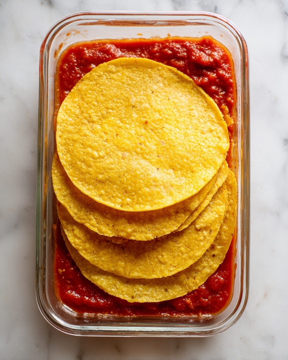 The image shows a clear glass rectangular dish placed on a white marbled surface. Inside the dish, there is one visible layer of red chunky tomato sauce spread on the bottom, topped with three yellow corn tortillas arranged overlapping each other, covering most of the sauce. The tortillas have a rough, slightly grainy texture with a few darker brown spots. The edges of the tortillas are round and even, sitting flat inside the dish. photo taken with an iphone --ar 4:5 --v 7