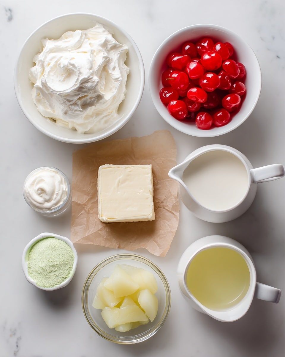 The image shows ingredients for a recipe arranged neatly on a white marbled surface. There is a white bowl filled with fluffy, white thawed Cool Whip on the top left. Next to it, on the right, is a white bowl holding bright red maraschino cherries. Below these, slightly to the left, lies a block of pale cream cheese on a piece of brown parchment paper. In the middle at the bottom, there is a clear glass bowl containing pale yellow canned pear halves. To the right of the pears is a small paper container with light green lime Jello powder. Near the bottom left corner, a white small pitcher holds creamy white cream, and close beside it, there's another white pitcher with a little more cream. On the bottom right side, a clear glass measuring cup contains light yellow reserved pear juice. The image is clear and bright, showing each ingredient distinctly. photo taken with an iphone --ar 4:5 --v 7