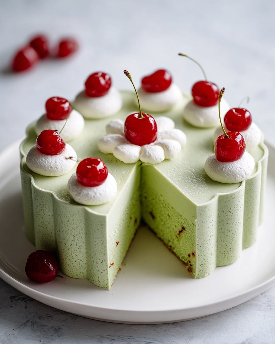 A round green mousse cake with a scalloped outer shape sits on a white plate on a white marbled surface. The cake has one slice removed, showing an inner smooth, light green layer with small bits inside. On top, there are seven small white cream dollops evenly spaced near the center, with a bright red cherry placed on a larger white cream dollop in the middle. The texture of the cake looks soft and creamy, and the green color is pale and pastel. There are a few more red cherries scattered around the plate and surface. Photo taken with an iphone --ar 4:5 --v 7
