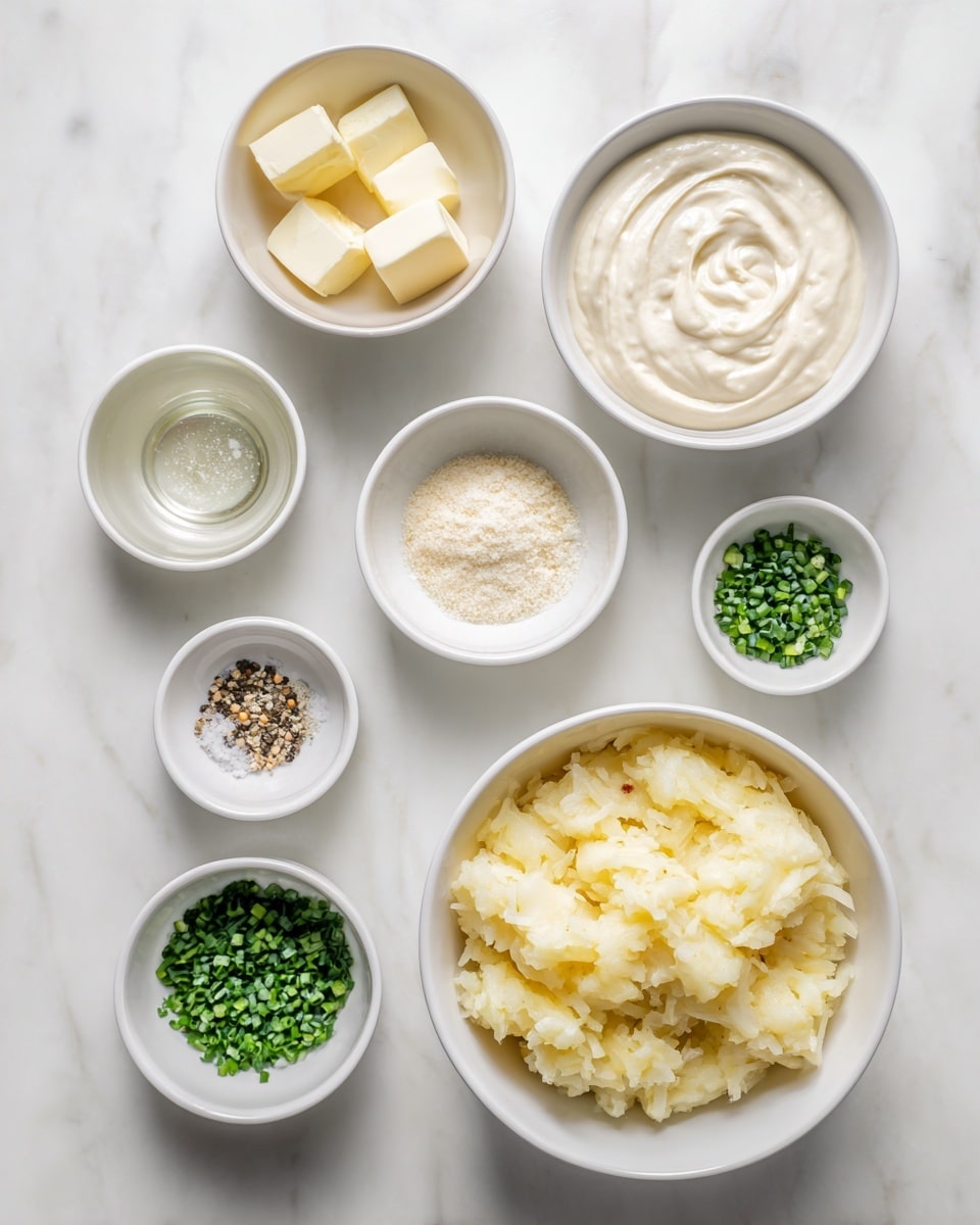 A white bowl filled with pale yellow frozen hash browns occupies the bottom right of the image. Around it are smaller white bowls each holding different ingredients: one with soft vegan butter chunks, one with a creamy off-white cashew cream showing soft swirls on top, one with finely pressed pale garlic, one with a mix of salt and black pepper, one with clear water, and one with finely chopped green chives. All bowls are placed on a white marbled surface, creating a clean and bright layout. photo taken with an iphone --ar 4:5 --v 7
