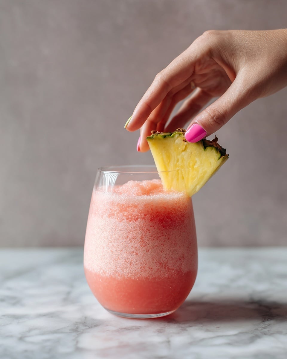 A clear glass cocktail filled almost to the top with a smooth, light pink drink that has a slightly frothy surface; the drink is garnished on the rim with a fresh strawberry slice and a small triangular piece of bright yellow pineapple, both adding a pop of color; the glass stands on a stem, placed on a white marbled surface with a soft blue background; photo taken with an iphone --ar 4:5 --v 7