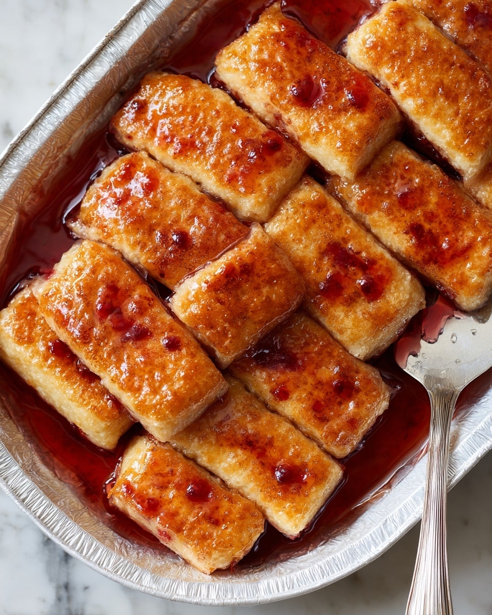 On a white plate sits two large, golden-brown square pieces of fried food with a crispy texture, covered in a light reddish sauce that pools around their base. The sauce has small fruit chunks visible, adding a slightly shiny and moist look to the dish. A silver fork rests on the right edge of the plate, on a white marbled surface with a blurred cloth in the background. Photo taken with an iphone --ar 4:5 --v 7