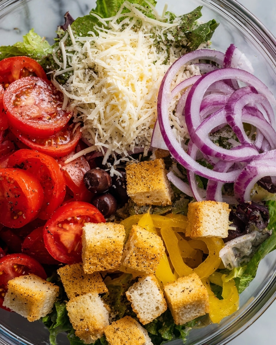 A close-up view of a fresh salad inside a clear bowl on a white marbled texture. The first layer shows green leafy lettuce with shredded white cheese sprinkled on top. Next, there are thick red tomato slices scattered around. Purple rings of raw onion lay on the top right side with some black olives near the top left. Golden brown croutons are spread across with a few yellow pepper slices adding bright color, and the salad is lightly seasoned with black pepper specks. photo taken with an iphone --ar 4:5 --v 7