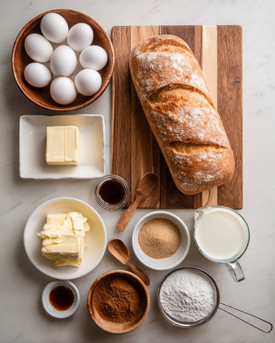 A large loaf of French bread with a light brown crust sits in the center on a wooden cutting board with visible grain. To the left, a wooden bowl holds six whole white eggs, resting on a white marbled surface. Below it, a white square dish contains a block of pale yellow butter, next to a clear glass measuring cup filled halfway with white milk. On the right side, four bowls are arranged: a white bowl filled with light brown granulated sugar at the top, below it a small white bowl with dark brown ground cinnamon and a tiny wooden scoop, next is a small clear glass bowl with dark vanilla extract, and lastly a wooden bowl with white powdered sugar and a small metal sieve resting on top. The overall setup is neat and evenly spaced, photo taken with an iphone --ar 4:5 --v 7