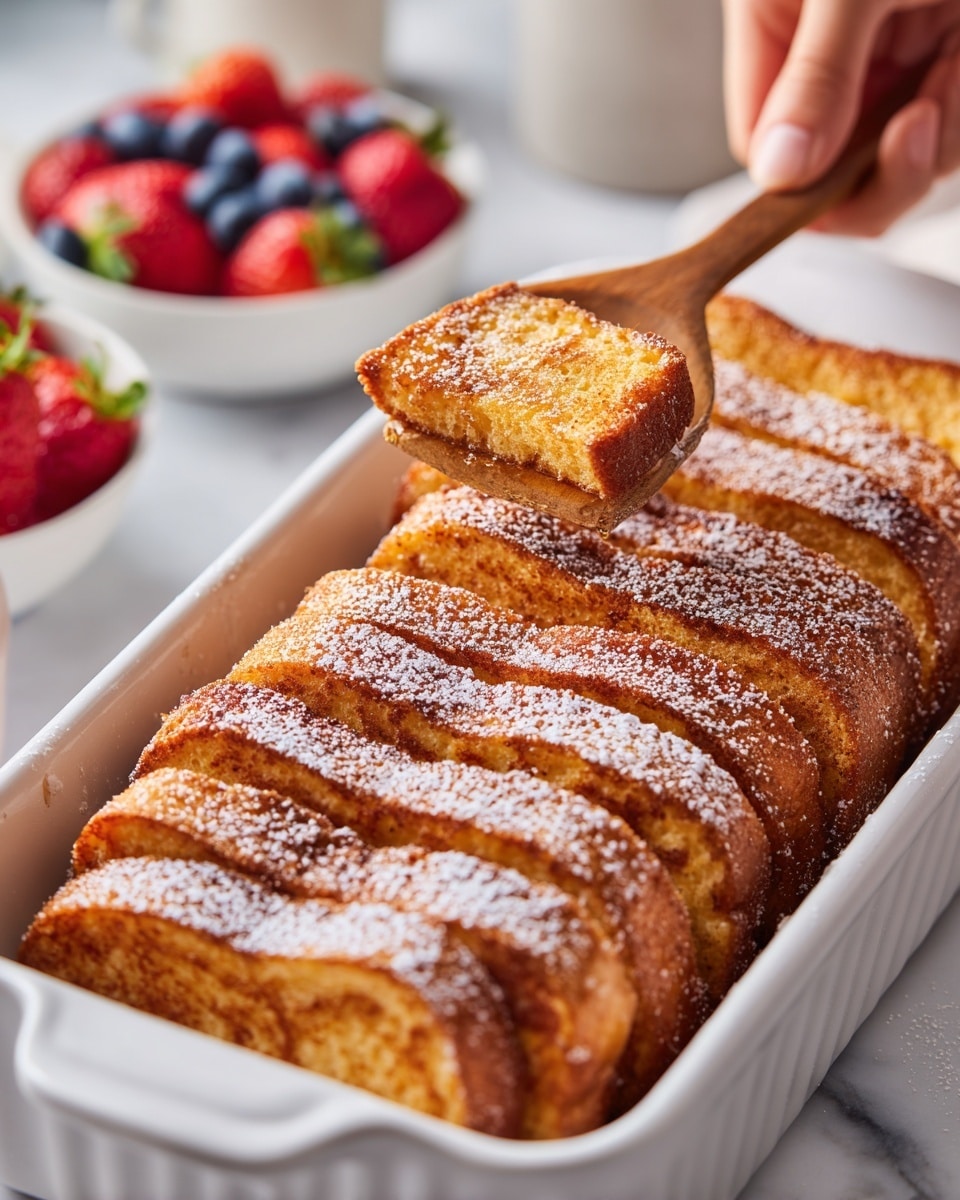 A white baking dish filled with several layers of golden brown French toast slices, arranged upright in rows. The toast has a light dusting of powdered sugar that contrasts with the warm cinnamon-spiced crust, creating a slightly rough texture. A woman's hand holding a wooden spatula lifts one slice out from the middle, showing a soft, moist inside. In the background, there are white bowls filled with bright red strawberries and deep blue blueberries, placed on a white marbled surface. photo taken with an iphone --ar 4:5 --v 7
