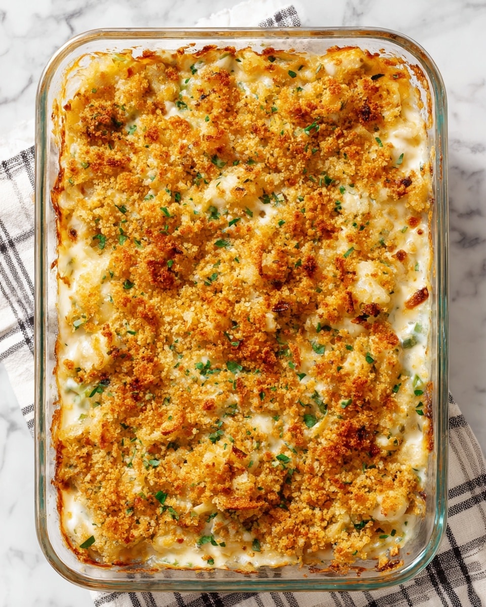 The image shows a baked dish in a clear glass rectangular baking dish set on a white marbled surface with a checkered cloth underneath. The dish has two main layers: a creamy, melted cheese and vegetable mixture base with white and light green patches from the leafy vegetables, topped with a thick layer of golden, crispy breadcrumb topping that looks crunchy and slightly browned in places. The crumb layer is unevenly spread, showing little pockets of the creamy mixture underneath with soft textures visible beneath the crunchy surface. The edges of the baking dish show the melted cheese bubbling slightly at the sides. photo taken with an iphone --ar 4:5 --v 7