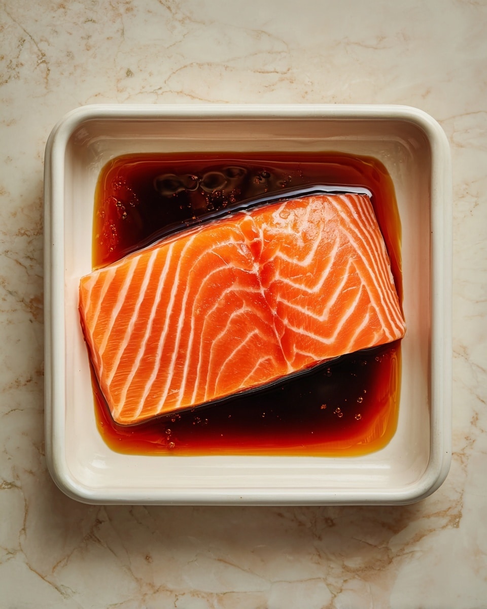 A single piece of raw salmon with vibrant orange color and natural white lines running through its flesh lies flat in a white container, covered with a shiny, sticky dark brown sauce that pools slightly underneath the fish, giving it a wet and glossy appearance, all set against a white marbled surface photo taken with an iphone --ar 4:5 --v 7