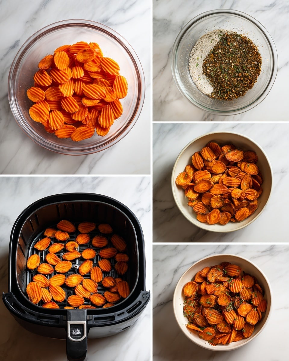 The image shows five photos arranged in a grid depicting the process of making seasoned carrot chips. The first photo displays a clear glass bowl filled with ridged orange carrot slices on a white marbled surface. The second photo shows the same bowl with white and black seasoning powders sprinkled evenly over the carrot slices. The third photo highlights the carrot slices spread out in a single layer inside a black air fryer basket, showing an even distribution. The fourth photo is a close-up of the carrot slices in the black air fryer basket, now cooked to a crispy texture with a golden brown color and darker edges. The fifth photo features the finished carrot chips served in a white bowl, piled loosely with visible herbs and a crunchy, textured look. Photo taken with an iphone --ar 4:5 --v 7