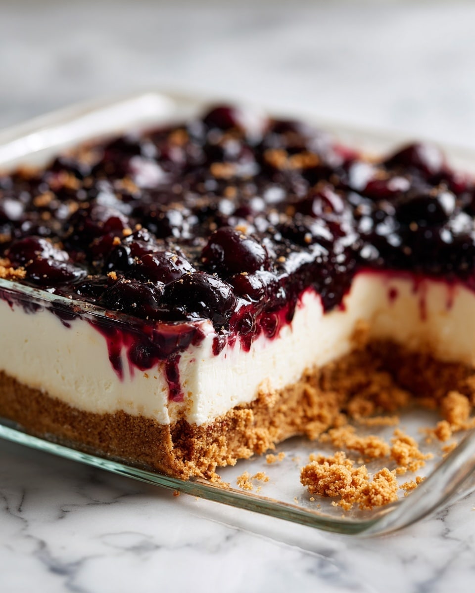 A three-layer dessert in a clear glass dish on a white marbled surface shows a base layer of golden brown crumbly crust, topped with a thick creamy white layer in the middle, and finished with a dark purple, glossy fruit topping with whole fruit pieces on top. Part of the dessert is missing, revealing the layers and some crumbs and fruit sauce spread around the cut area. photo taken with an iphone --ar 4:5 --v 7