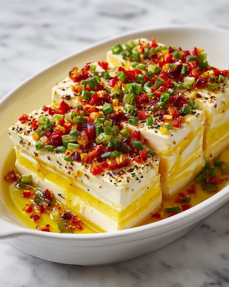 The image shows a dish with layers of yellow and white cheese slices stacked vertically in a white dish, each stack topped with a mix of finely chopped red and yellow bell peppers and green onions, sprinkled with black pepper flakes. The cheese slices are thick and neatly arranged in about six to seven layers per stack. The topping adds bright red, yellow, and green colors scattered over the smooth cheese edges, with some oil pooling at the bottom of the dish. The background is a white marbled texture. photo taken with an iphone --ar 4:5 --v 7